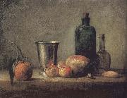 Jean Baptiste Simeon Chardin Orange silver apple pears and two glasses of wine bottles oil painting artist